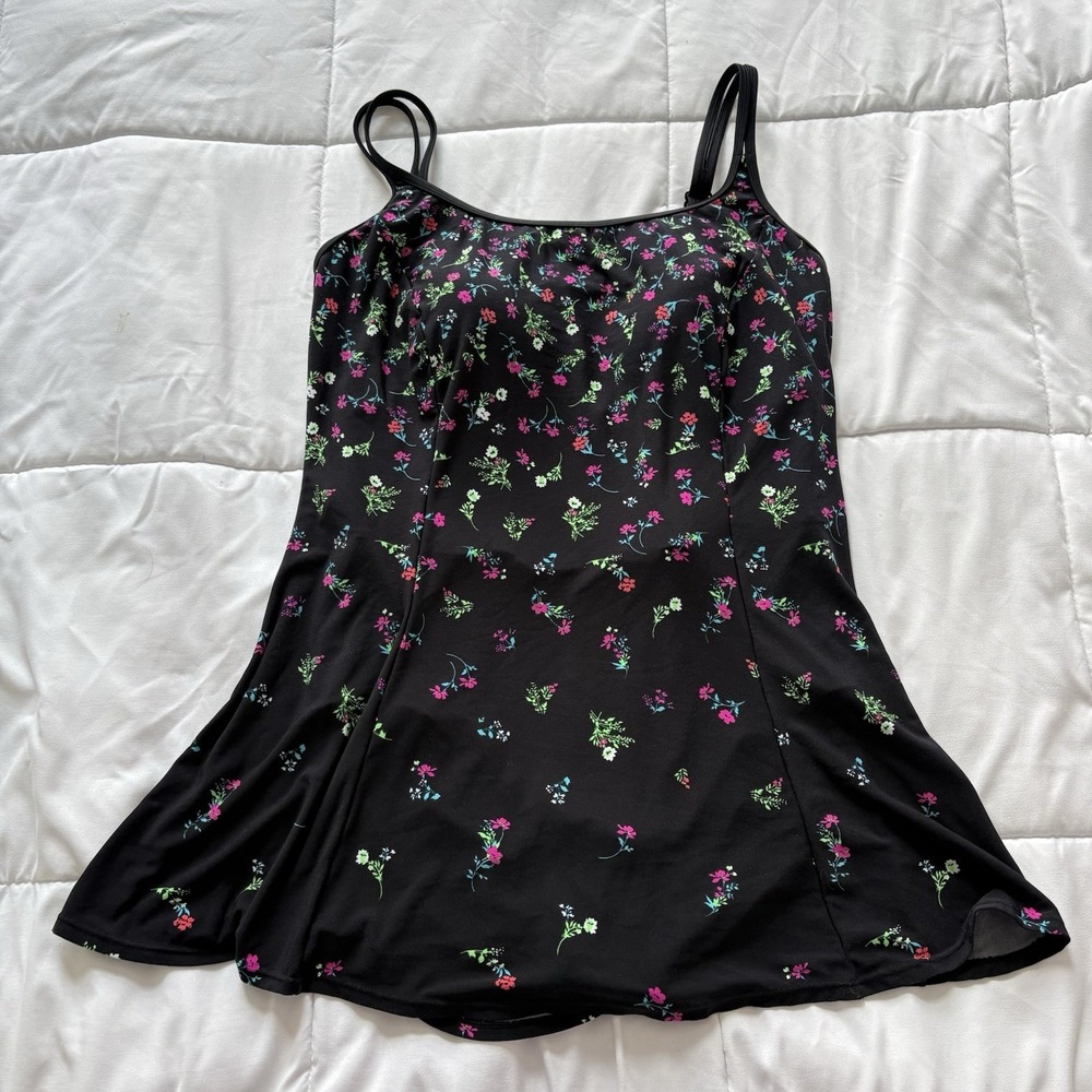 Longitude One Piece Swimsuit Womens 16 Black Floral Padded Summer Beach Feminine
